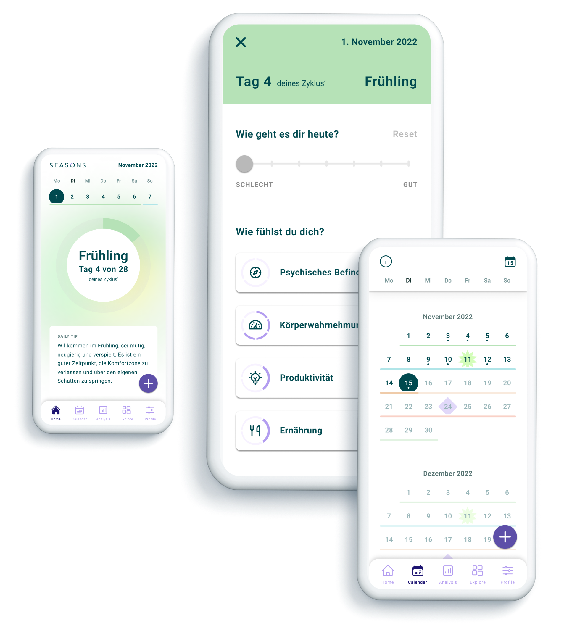 Screenshot der seasons App mit Zyklus-Tracking-Funktionen